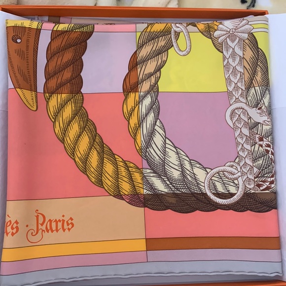 New Hermes scarf in box with tags. Mostly rose, gray and yellow. - Picture 4 of 5